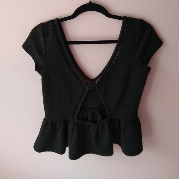 free people black peplum lace edged open back top - Picture 2 of 3